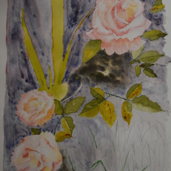 Painting titled "Roses dans mon jard…" by Bernard Pothier, Original Artwork, Watercolor