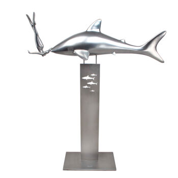 Sculpture titled "SOS Save our sharks…" by Bernard Rives, Original Artwork, Stainless Steel