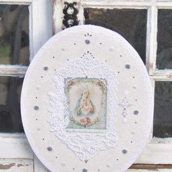 Текстильное искусство под названием "Tableau Vierge Mari…" - Sylvie Schemith, Подлинное произведение искусства, Ткань