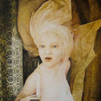Dessin intitulée "La fille à la bougie" par Bernard Zwegers, Œuvre d'art originale, Crayon