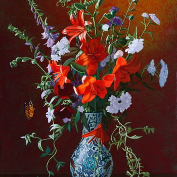 Painting titled "Bouquet de lys roug…" by Bernard Ciochetti, Original Artwork, Acrylic