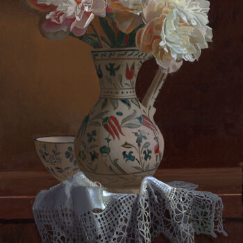 Painting titled "Vase de Pivoines" by Bernard Ciochetti, Original Artwork, Acrylic