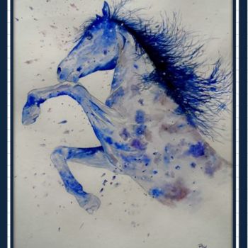 Painting titled "Cheval Bleu" by Bernard Massias, Original Artwork, Watercolor