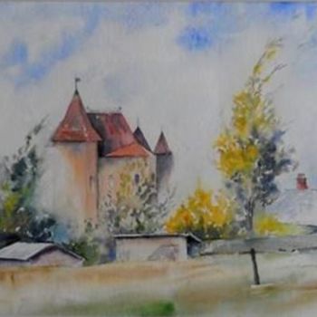 Malarstwo zatytułowany „Village avec château” autorstwa Bernard Massias, Oryginalna praca, Akwarela