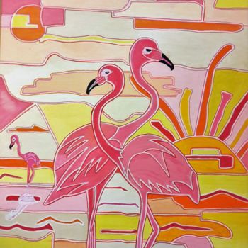 Painting titled "flamants roses" by Berthe Rosso, Original Artwork, Acrylic