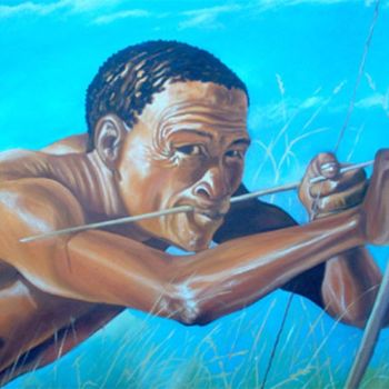 Painting titled "bushman hunter2" by Berthold Moyo, Original Artwork, Oil