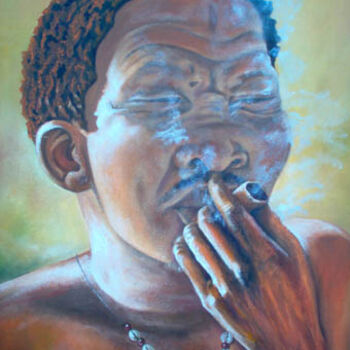 Pintura intitulada "bushman smoking" por Berthold Moyo, Obras de arte originais, Óleo