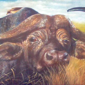Peinture intitulée "cape buffalo" par Berthold Moyo, Œuvre d'art originale, Huile