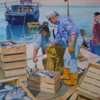 Malarstwo zatytułowany „Retour de pêche” autorstwa Berthoumieux, Oryginalna praca, Akwarela