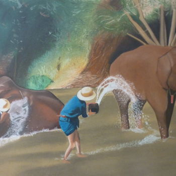 Dibujo titulada "LE BAIN DES ELEPHAN…" por Bertrand Lhermenier, Obra de arte original, Pastel Montado en Otro panel rígido