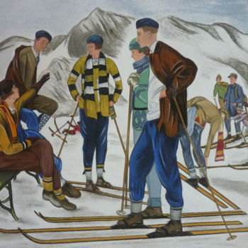 Dessin intitulée "SKI 1920" par Bertrand Lhermenier, Œuvre d'art originale, Pastel Monté sur Autre panneau rigide