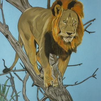 Desenho intitulada "LE LION OBSERVE SES…" por Bertrand Lhermenier, Obras de arte originais, Pastel
