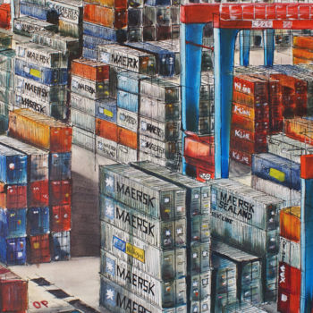 Painting titled "Containers" by Bertrand Alary, Original Artwork, Oil