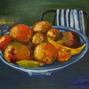 Painting titled "Fruits au plat bleu" by Bertrand Daullé, Original Artwork, Oil