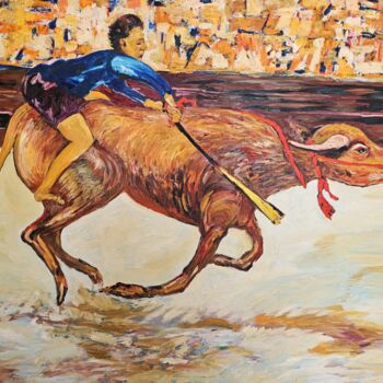 Painting titled "Buffalo race / Thai…" by Bertrand Gossart, Original Artwork, Oil Mounted on Wood Stretcher frame