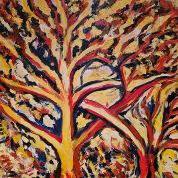 Pittura intitolato "Trees - Red effect" da Bertrand Gossart, Opera d'arte originale, Olio Montato su Telaio per barella in l…