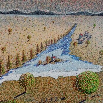 Painting titled "Paysage pointillist…" by Bertrand Jost, Original Artwork, Acrylic Mounted on Wood Stretcher frame