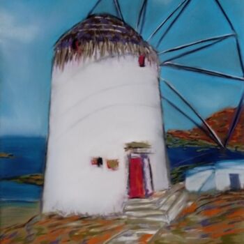 Dessin intitulée "Moulin en Grèce ." par Bertrand Jost, Œuvre d'art originale, Pastel