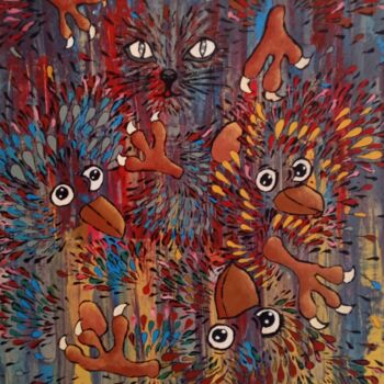 Peinture intitulée "Le chat et les oise…" par Bertrand Jost, Œuvre d'art originale, Acrylique Monté sur Châssis en bois