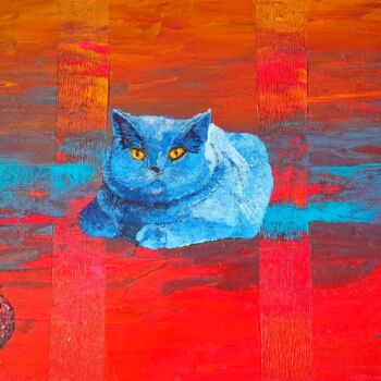 Painting titled "Le chat gris bleu ." by Bertrand Jost, Original Artwork, Oil