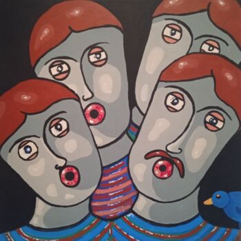 Painting titled "Le quatuor et l'ois…" by Bertrand Jost, Original Artwork, Acrylic Mounted on Wood Stretcher frame