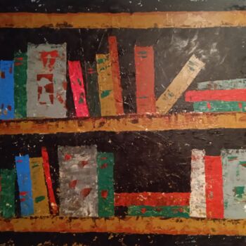 Painting titled "Bibliothèque 1 ." by Bertrand Jost, Original Artwork, Acrylic Mounted on Wood Panel