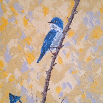 Painting titled "Oiseau bleu ." by Bertrand Jost, Original Artwork, Acrylic Mounted on Cardboard