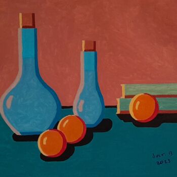 Painting titled "Les bouteilles bleu…" by Bertrand Jost, Original Artwork, Acrylic Mounted on Wood Stretcher frame