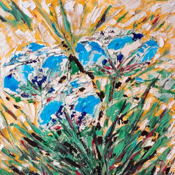 Peinture intitulée "Les fleurs bleues ." par Bertrand Jost, Œuvre d'art originale, Huile Monté sur Carton