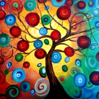 Peinture intitulée "Colorful tree" par Alepou, Œuvre d'art originale, Huile