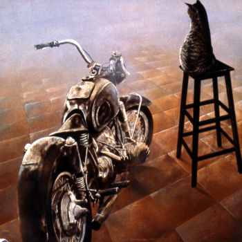 Painting titled "la moto au chat ©" by Billy Renoir, Original Artwork