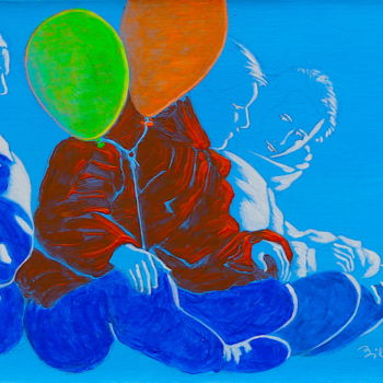 Schilderij getiteld "pièce à 3 personnag…" door Billy Renoir, Origineel Kunstwerk, Acryl Gemonteerd op Frame voor houten bra…