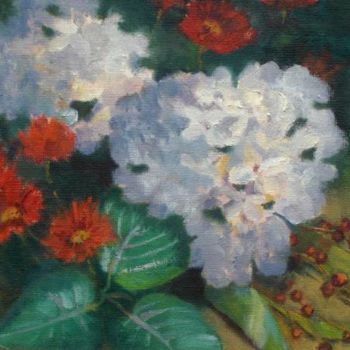 Painting titled "Hydrangias And Mums" by Betsy Rich, Original Artwork, Oil