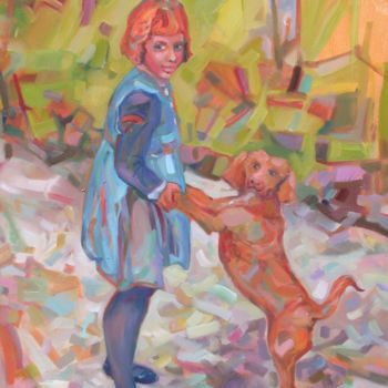 Pittura intitolato "bambina-con-cagnoli…" da Lucio Betto, Opera d'arte originale