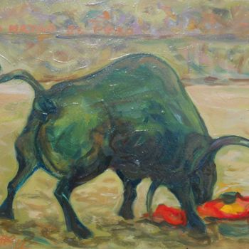 Painting titled "toro-in-arena-olio-…" by Lucio Betto, Original Artwork