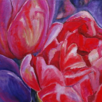 Painting titled "A Bed of tulips" by Betty Jonker, Original Artwork, Oil
