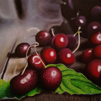 Painting titled "Cherries on a Table…" by Barry Gray, Original Artwork, Acrylic