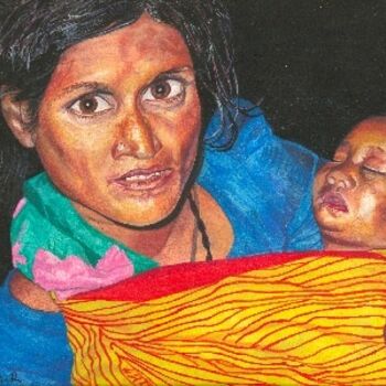 Painting titled "Beggar Woman with B…" by Bhagvati Nath, Original Artwork, Oil
