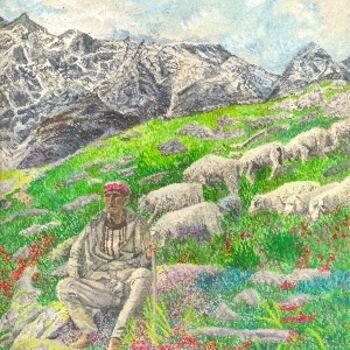 Картина под названием "Shepherd Watching S…" - Bhagvati Nath, Подлинное произведение искусства, Масло