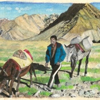 Pintura intitulada "Boy and Horses in L…" por Bhagvati Nath, Obras de arte originais, Óleo