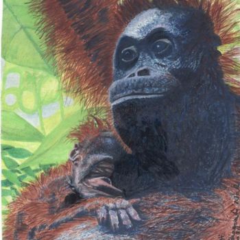 Painting titled "Orangatang Mum and…" by Bhagvati Nath, Original Artwork, Oil