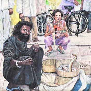 Painting titled "The Snake Charmer" by Bhagvati Nath, Original Artwork, Oil