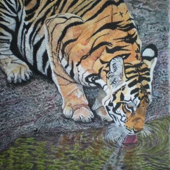 Ζωγραφική με τίτλο "Tiger Drinking" από Bhagvati Nath, Αυθεντικά έργα τέχνης, Άλλος