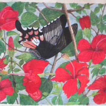 Peinture intitulée "Butterfly on Habisc…" par Bhagvati Nath, Œuvre d'art originale, Autre