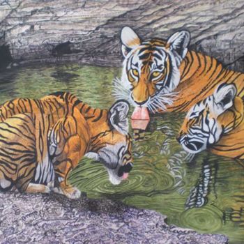 Painting titled "Tigers in a Waterho…" by Bhagvati Nath, Original Artwork, Other