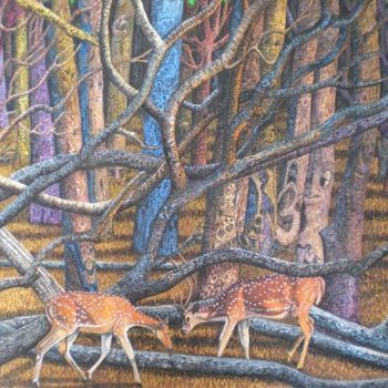 Schilderij getiteld "Deer Wood" door Bhagvati Nath, Origineel Kunstwerk, Anders