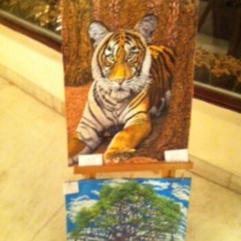 Ζωγραφική με τίτλο "Tiger and Banyan Tr…" από Bhagvati Nath, Αυθεντικά έργα τέχνης, Λάδι