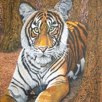 Painting titled "Tiger Trees" by Bhagvati Nath, Original Artwork, Watercolor