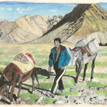 Malerei mit dem Titel "Boy and Horses in L…" von Bhagvati Nath, Original-Kunstwerk, Andere