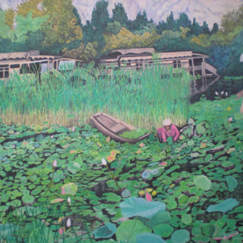 "Waterlilies & Boats…" başlıklı Tablo Bhagvati Nath tarafından, Orijinal sanat, Suluboya